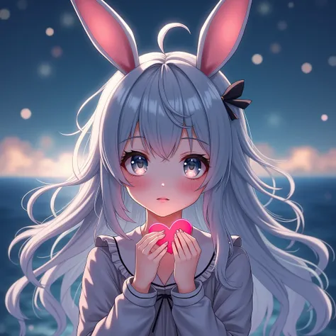 4K、アングル上、 1 girl,  long wavy hair ,  rabbit ears ,  Silver Hair、Watery eyes、Sea view、 moonlight、Mysterious、 dark princess、 open their mouths slightly,  gray eyes、Character portrait, Dark pink、black、Light、 fingers on angles make hearts 