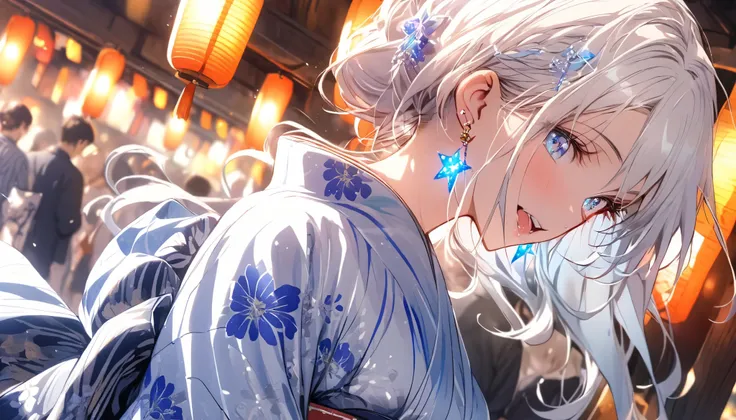  gal， Sparkling Earrings，Glowing Blue Tattoos ,Long white hair, blue eyes,yukata