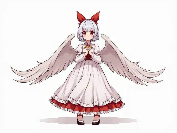 Solo, 1girl, white hair, big wings cover eyes, Short Hair, white hair, prying, Beautiful dress, white and red, Anatomically Correct, Textured Skin, Accurate, High Resolution, Masterpiece, Best Quality, Detail, Damaged, High Details, HD, Quality, High Quali...