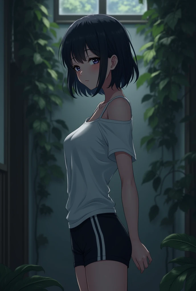 Anime tall woman looking sleepy, eyes half closed, smiling a little, short face, black hair, slightly messy hair, wearing a white T-shirt with open shoulders, black stretch shorts with white stripes, big breasts, standing in front of the door, shot from a ...