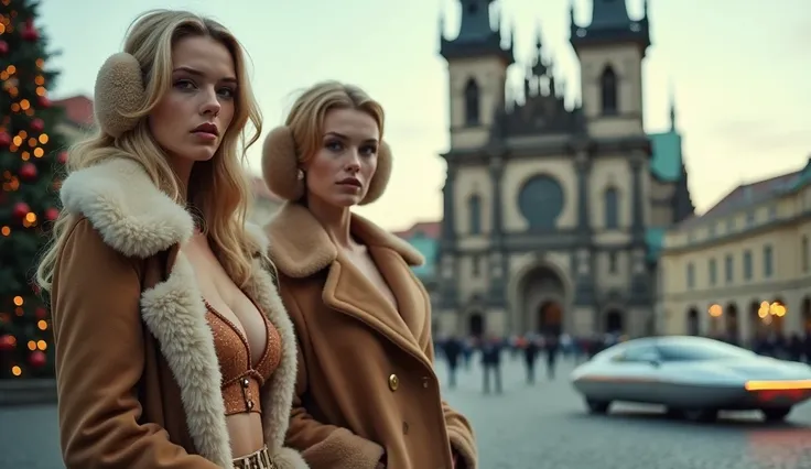 2 Retro girls ,  with retro hairstyles in earflaps,  in a short, large-necked sheepskin coat with large breasts stand near St. Vitus Cathedral in Prague, Bra is visible. In the background, the retro St. Vitus Cathedral in Prague ,  decorated Christmas tree...