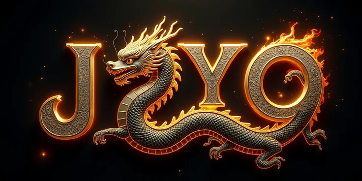 Black golden inscription "JOYO TOGEL" with a chinese dragon with fiery rebirth made with black golden light reflections, magical, whimsical, fantasy art concept, steampunk, intricate details, best quality, masterpiece, ultra shartp, hyper realistic, realis...