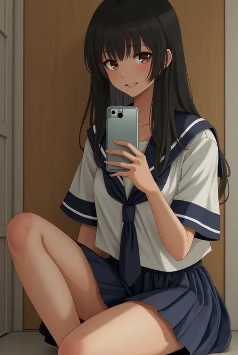 A realistic, semi-close-up self-portrait of a slender female student sitting in a relaxed pose with one leg bent and the other knee raised. The focus is on one eye, with minimal facial expression. The subject is wearing a short sailor uniform, with the ski...