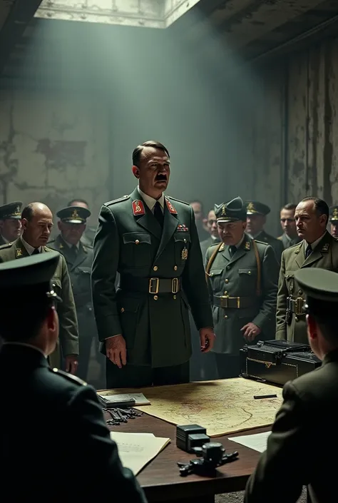 Adolf Hitler is commanding troops in bunkers.