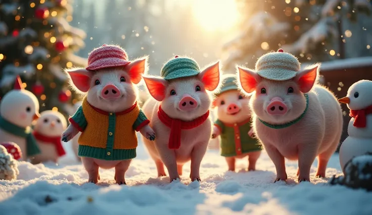 Pigs wear colorful gear and bucket hats from unknown manufacturers、A 、 Surreal Photos 。Theres a boom box in the corner 。 Snowflakes , s playing in the snow ,  snowy ground , Warm, shining light, Cozy and festive atmosphere, Joyful laughter and smiles,  Chr...