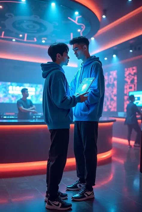 Cinematic shots of futuristic nightclub with DJ buttons . A handsome boy s a of Chinese origin with short dark hair and good looks wearing an oversize blue hoodie layer, black trousers jogger, sneakers and , and interacts with the floating AI PC screen , b...