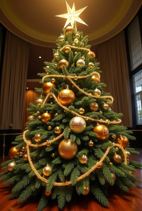  Describe your Christmas tree in detail.  It includes elements such as size , los colores, Los adornos,  the lighting y , Of course, las esferas con los nombres de Vânia, Juliane and  Liah.  You can be as creative as you want .  for example : " An elegant ...