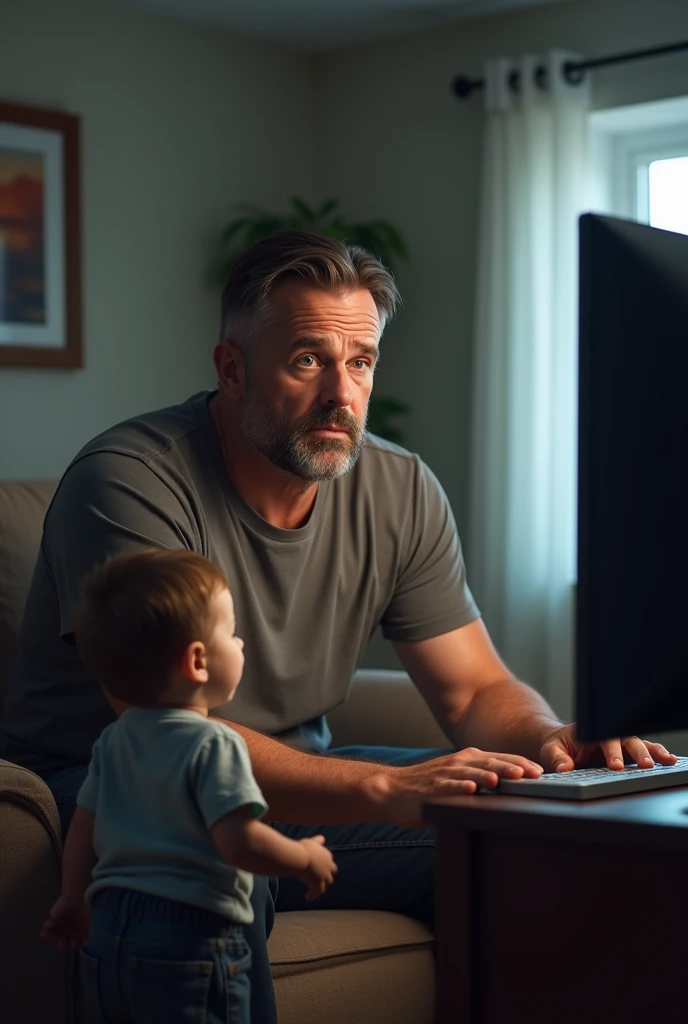 Give me an image of a dad watching tv and ignoring his son as he tried to talk to him. Make it realistic. Make the dad watch the tv