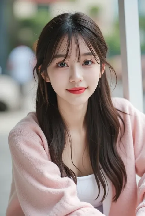  1 girl, 22 years old Loose wavy long hair、simple background、casual long sleeve clothes、Highest image quality round faces and beautiful lips are the most beautiful people