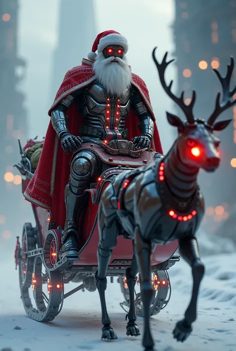 make me a santa image where he is a a robot resembling ultron from the avengers in desguise riding a sleigh where his deers are actually bionic creatures with a futuristic design