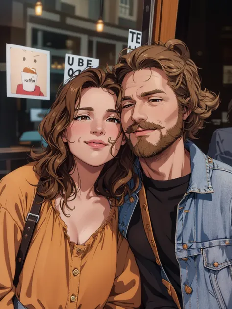 A cozy and affectionate portrait of a young couple standing outside a cafe with a warm and relaxed vibe. The woman has shoulder-length wavy brown hair, a nose piercing, and wears a mustard-colored blouse with a loose, casual fit and brown leather straps. T...