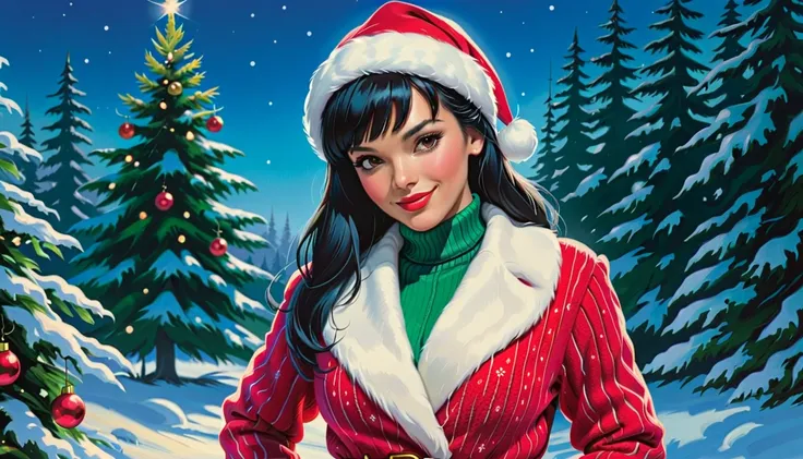 Best quality, realistic acrylic illustration in high definition, brazilian woman in vintage dressed style, straight black hair, bangs, beautiful face, red lips, looking to observer, wearing red and white santa claus jacket over pink fitted sweater with tur...