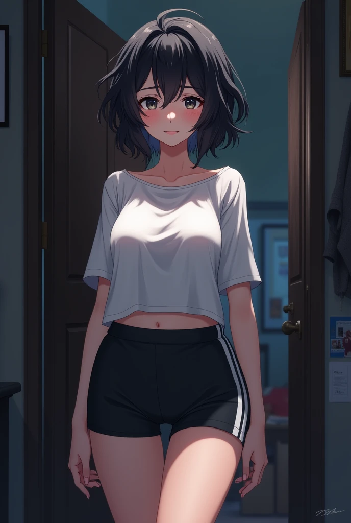 Anime tall woman looking sleepy, eyes half closed, smiling a little, short face, black hair, slightly messy hair, wearing a big T-shirt with one shoulder open on one of the white shoulders, black stretch shorts with white stripes, big breasts, standing in ...