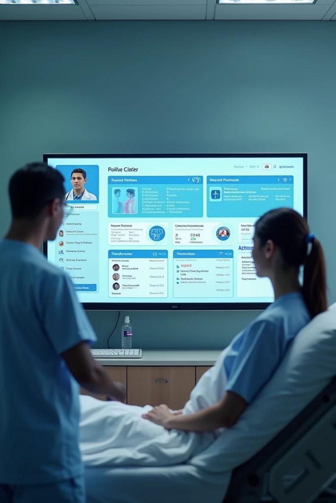  Can you create a picture ,  on which a monitor can be seen at the patients bed ,  that is as big as a smart TV , On which an app is opened ,  where my profile is then at the top and then subordinated treating contact persons are below,  below then medicat...