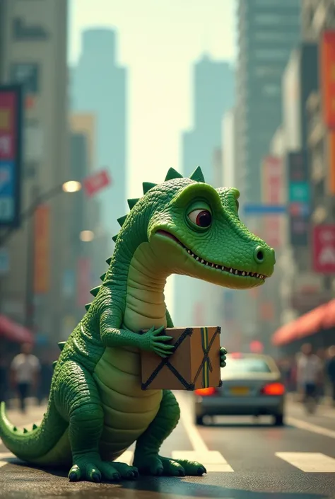 Green dinosaur with a box in its hand and a city with a lot of traffic in the background
