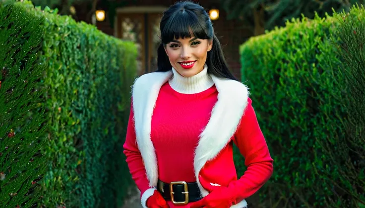 Best quality, realistic acrylic illustration in high definition, brazilian woman in vintage dressed style, straight black hair, bangs, beautiful face, red lips, looking to observer, wearing red and white santa claus jacket over pink fitted sweater with tur...