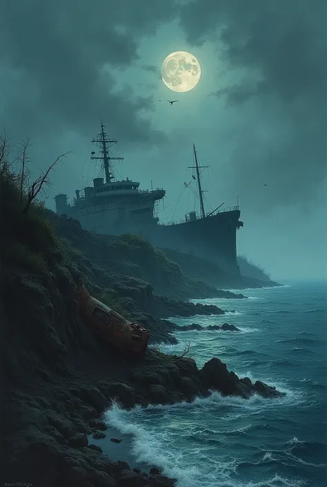  Make me a watercolor drawing of ships and planes that have crashed on a deserted island. Let both be seen in a close perspective . Let it be night, dark and gloomy.  Add a crashed and abandoned plane. Make the image longer 