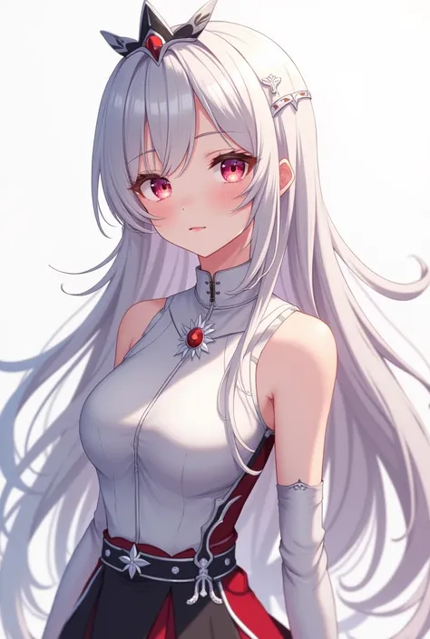 "An anime girl with silvery-white hair cascading in soft, flowing waves, and light silvery-red eyes that exude a mix of intelligence and allure, embodies a sophisticated yet approachable charm reminiscent of Alyas style. A delicate crown rests gently atop ...