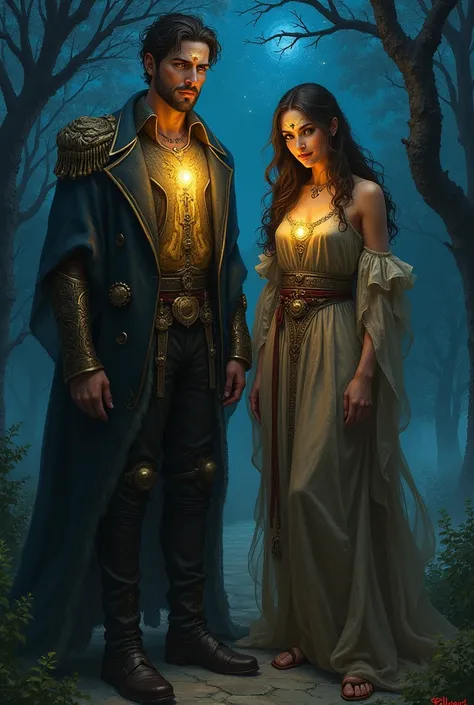 half figure portrait + High detailed Concept Art Painting + painting style + concept art + D&D + man and woman oracles standing next to each with multiple eyes along forehead symbolizing prophetic powers + Night background + night setting --ar 4:5 --v 6.1H...