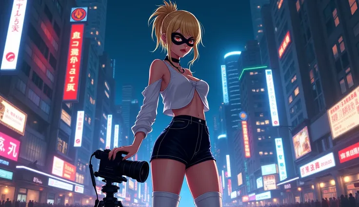 lets start with the night in the city background image is supposed to fit 16 :9
blonde in tight hair and big ass dressed in very short black shorts white boots air foorce 1 and white blouse rests in o black opel mask and aster h anime style 
standing behin...