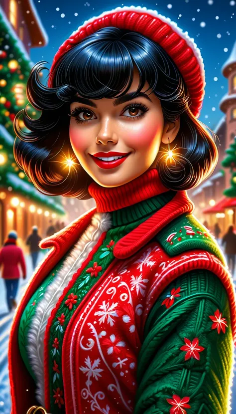 Best quality, realistic acrylic illustration in high definition, brazilian woman in vintage dressed style, straight black hair, bangs, beautiful face, red lips, looking to observer, wearing red and white santa claus jacket over pink fitted sweater with tur...