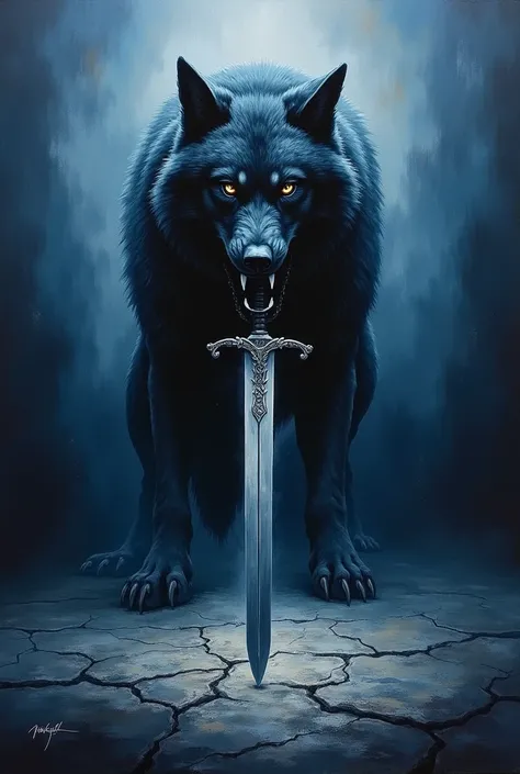 Masterpiece, two-color style, only use two-color abstract painting in very dark blue and silver,The werewolf staring at the viewer , The silhouette of a furious werewolf , Confused , Dynamically depicted ,contrast of color act motion blur, The sword is stu...