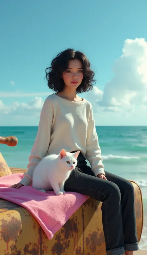 In cinematic 3D style ,HD image ,realistic image, colourful image.
Character, beautiful 25 year young girl and curly black hair wearing round neck white sweater and Black jeans. 
Character, white baby cat
Action,A young woman is sitting on a large rusty ta...