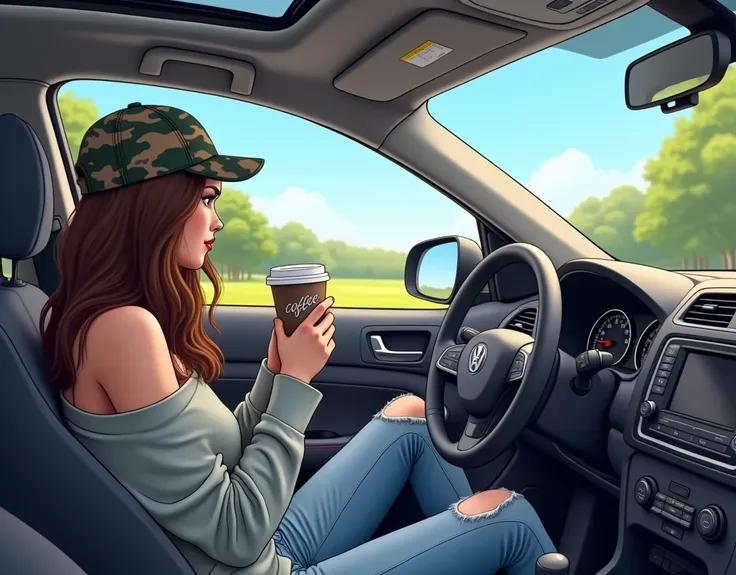  A modern and modern illustration Relaxed young woman relaxing inside a car parked ,  with a landscape of green trees visible through the window .  she is sitting in the drivers seat ,  with her back to the viewer,  holding a coffee cup with a white cap an...