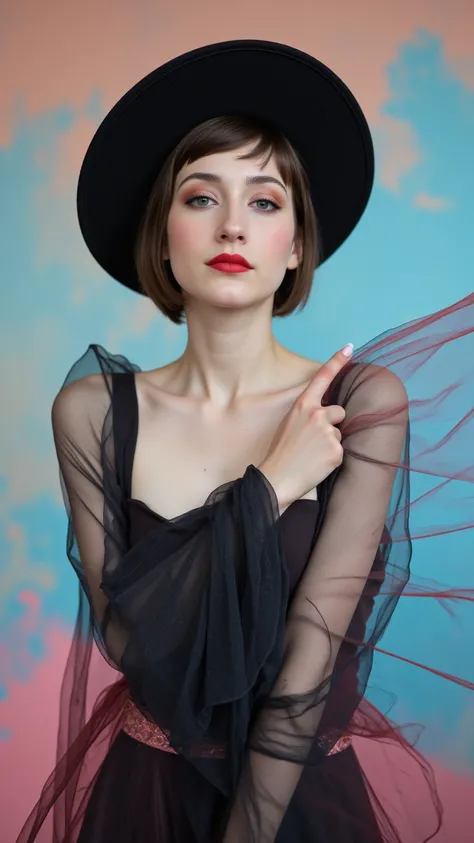 Create a sexy hot breathtaking sensual stunning masterpiece depicting a woman in 1950s style, wearing a flowing, very long dress that exudes a dreamy and magical aura. She should have glamorous makeup, including striking red lipstick, and wear a wide-brimm...