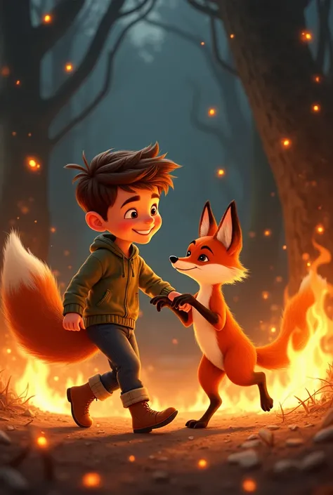 Boy and fox dancing through the fire, illustration, disney pixar cartoon