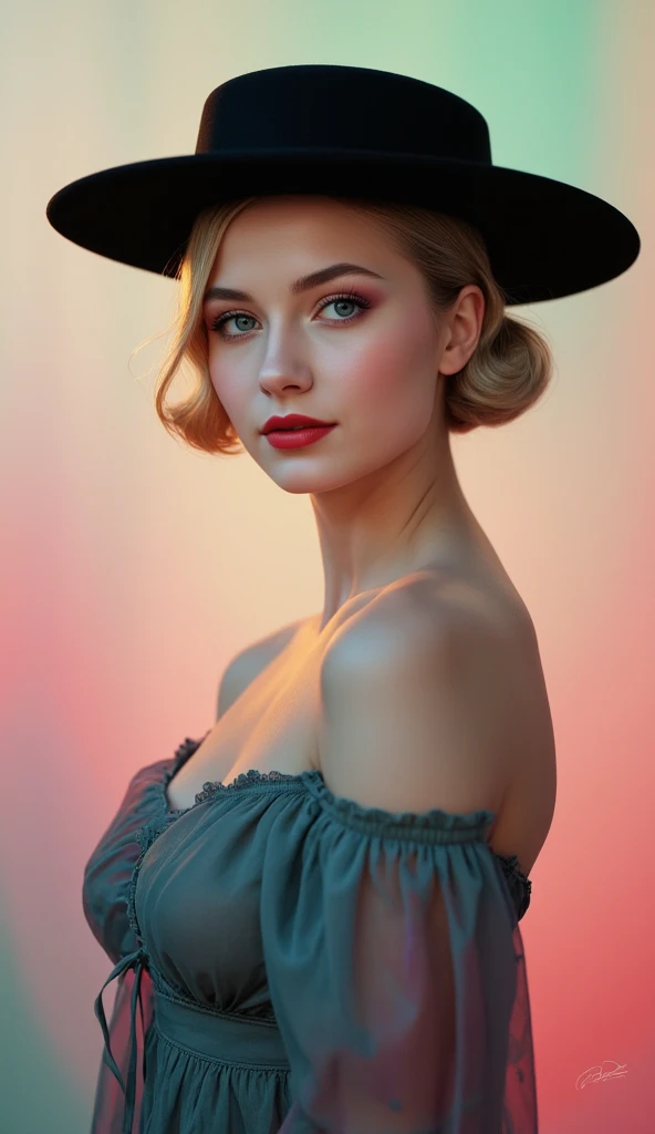 Create a sexy hot breathtaking sensual stunning masterpiece depicting a woman in 1950s style, wearing a flowing, very long dress that exudes a dreamy and magical aura. She should have glamorous makeup, including striking red lipstick, and wear a wide-brimm...