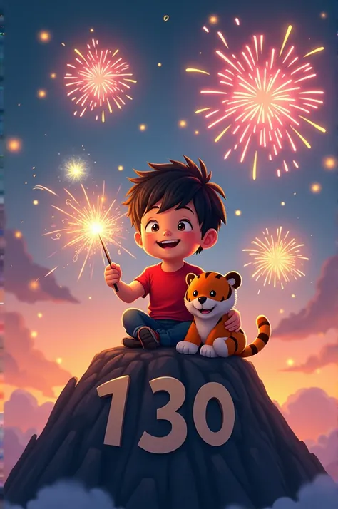 Smiling Boy with black hair holding a sparkler and a plush tiger. Sitting on top of a mountain "130" written on it. "SPARKLERS" in Fireworks background. 