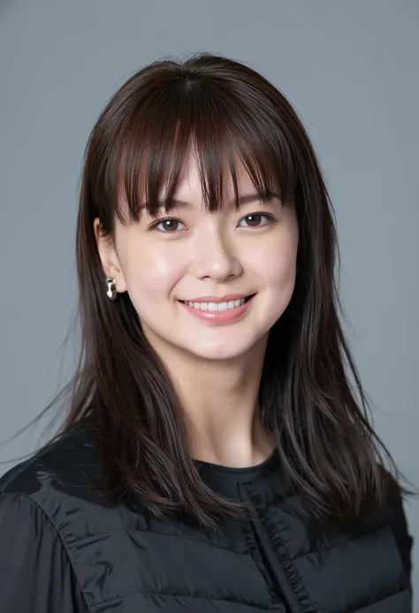 young Japanese woman、 tabe mikako、black hair、 ear piercing、 smile showing teeth 、 beautiful alignment of teeth、 black down jacket、Gray background