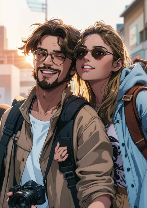 A vibrant and carefree portrait of a young couple exploring a city during golden hour. The man has wavy hair, a beard, and wears round glasses, dressed in a light brown jacket over a white t-shirt, with a camera hanging around his neck and a backpack on hi...