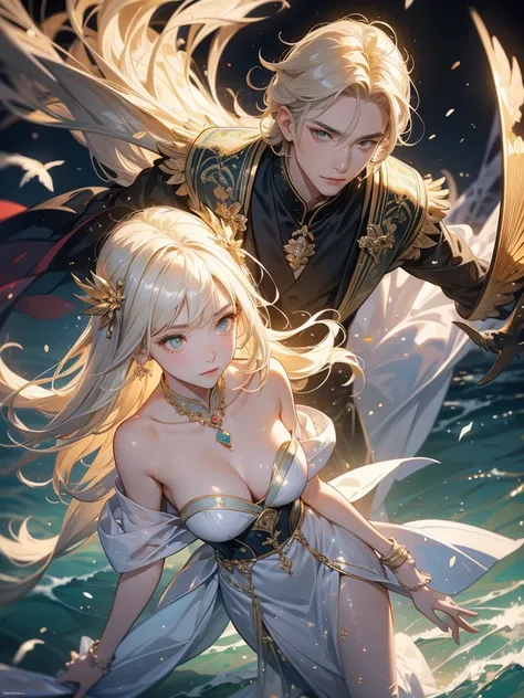  perfect composition on the board。 angle from above 。Portrait of two men and women 。They are on the deck of a large galleon 、 they are majestic and graceful 。They are both adults and 、 they have one man and one woman 。 the man has short blond hair, 、 green...