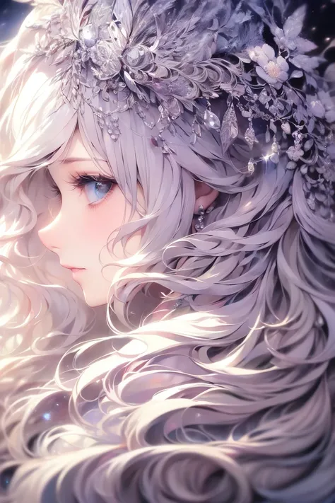 masterpiece,( best quality),highlydetailed, super detailed, 1 girl,::Beautifully colored eyes, long hair with waves ,   how glittering snowflakes fall fantastic snow off-the-shoulder white sweater with flowers scattered in the hair high resolution,  blue e...