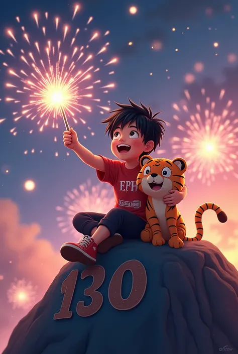 Smiling Boy with black hair holding a sparkler and a plush tiger. Sitting on top of a mountain "130" written on it. "SPARKLERS" in Fireworks background. 