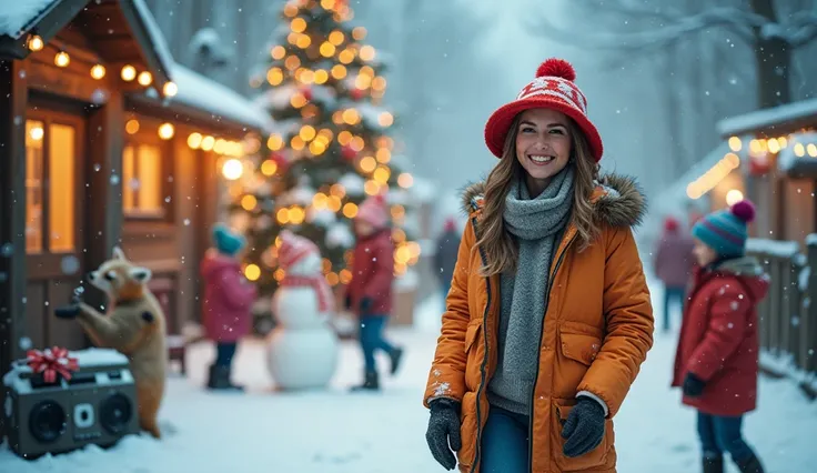 The beautiful woman wears colorful gear and bucket hat from an unknown manufacturer、A 、 Surreal Photos 。Theres a boom box in the corner 。 Snowflakes , s playing in the snow ,  snowy ground , Warm, shining light, Cozy and festive atmosphere, Joyful laughter...