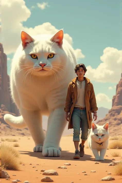  A man walking side by side with a giant cat. with a white fur pattern . His face has a dashing and adorable expression . they walk together .  desert background 