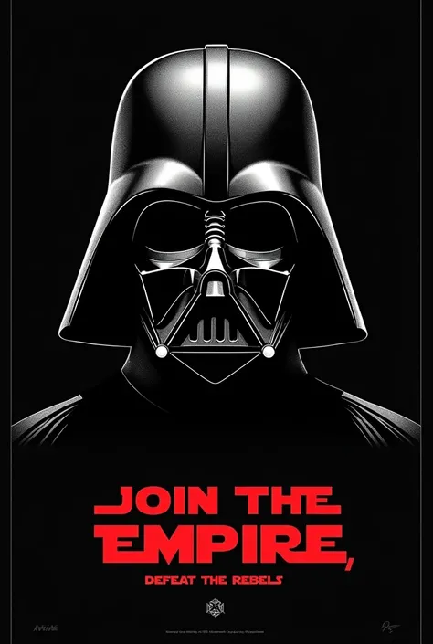 make a poster in drawing style of a darth vader mask in red with a black background and the words join the empire , defeat the rebels in red as well