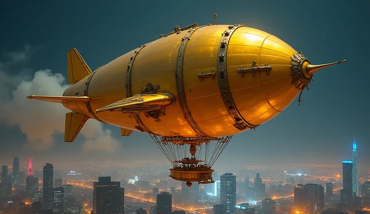 Flying golden balloon at night in a well-lit city modern steampunk style