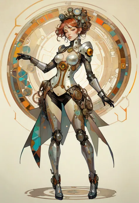 A woman cyborg steampunk full body with geometric shapes, colors and numbers by anfons mucha,Jim Mahfood,ellen jewett