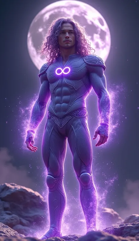 Full body photorealistic handsome hunky young slender futuristic Atlantean male hero with lilac Long curly hair wearing a Violet micro scale textured costume and lunar armor ., with embosed infinity symbol print on the front of the chest,,,, and wristbands...