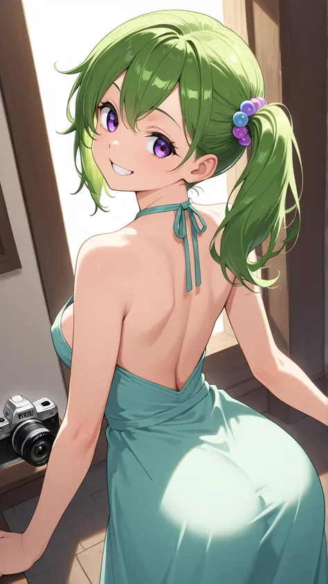  1 girl, Solo,  boobs,  Redhead, smile, tooth,Green hair,Purple eyes,side ponytail, looking back,Open back dress , camera angle from top ,  face up, 