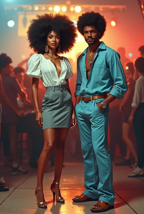 Create a realistic art of a slim-sized woman on a puff sleeve WHITE SHIRT, her HAIR IS ON AFRO PUFF. She is on FLAY GREY KNEE LENGTH SKIRT AND brown HEELED SHOE and is in a DISCO PARTY setting and beside her is a MAN ON AFRO dressed on sky-blue shirt and b...