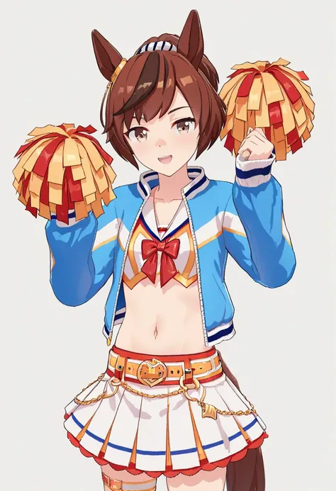 UMNN, brown hair ,Multicolored Hair, brown eyes,Horse&#39;s ears,Horses Tail,, ponytail,clavicle, Red Bow Tie , blue jacket , open jacket, Long Sleeve , cropped shirt ,belly button,Yellow Belt,White Skirt, ORANGE SHORTS ,white thigh strap, holding white so...