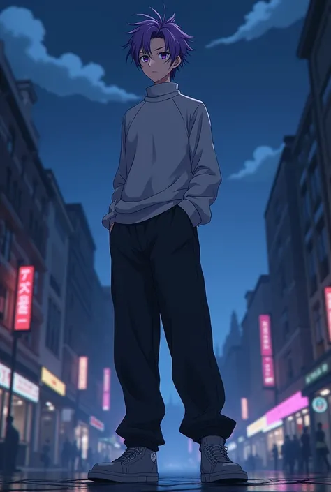 A very tall teenage man with short spiky purple hair and piercing purple eyes, thin male build, wearing a cotton light grey turtleneck, dark black loose pants, grey shoes, serious atmosphere and expression, with a serious look and a calm face, eyes wide op...