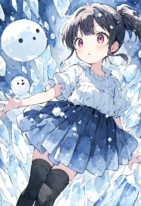 japanese Cute baby,tween,(ponytail hair),(White blouse,Navy Pleated Skirt,black thighhighs,Loafers),(beautiful Detailed face),dynamic angle,girl crazy about making a snowman,BREAK, in Planet Made of ice,Many snowfrakes floating in the air,watercolor,