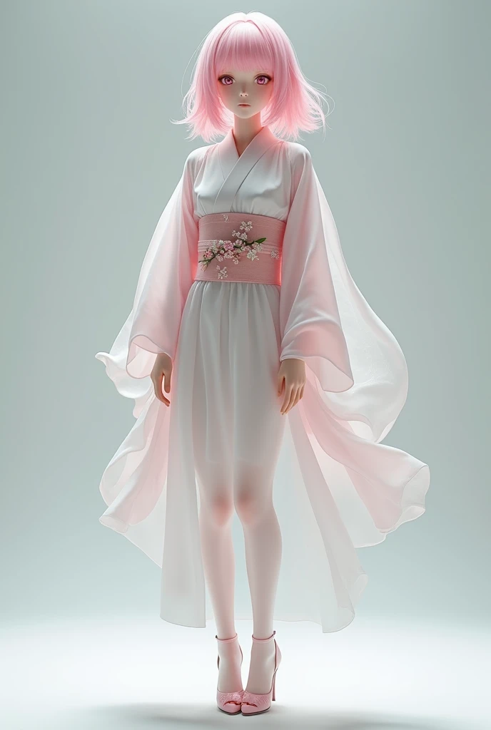 Shiori Suwano, hyper-realistic,  Highly Detailed , High resolution 16k full-body close-up image of a young woman,   of beautiful female ghost or guardian . She has light pink hair and a translucent body and business, 16K high-resolution image ,  He is wear...