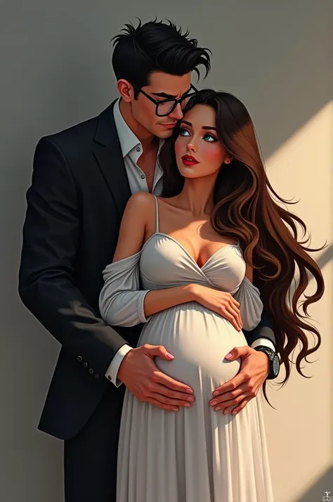 I want to create myself being pregnant while wearing a white long dress with a flat shoes, brown long hair and sharp eyes having a mole below my right eyelid and mole n my left nose ,pointed nose and red cherry lips,while a man wearing black suits having a...